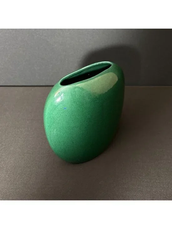 Vintage Green Ceramic Vase Glossy Finish Asymmetrical Oval Shape Modern Design - Picture 8 of 12